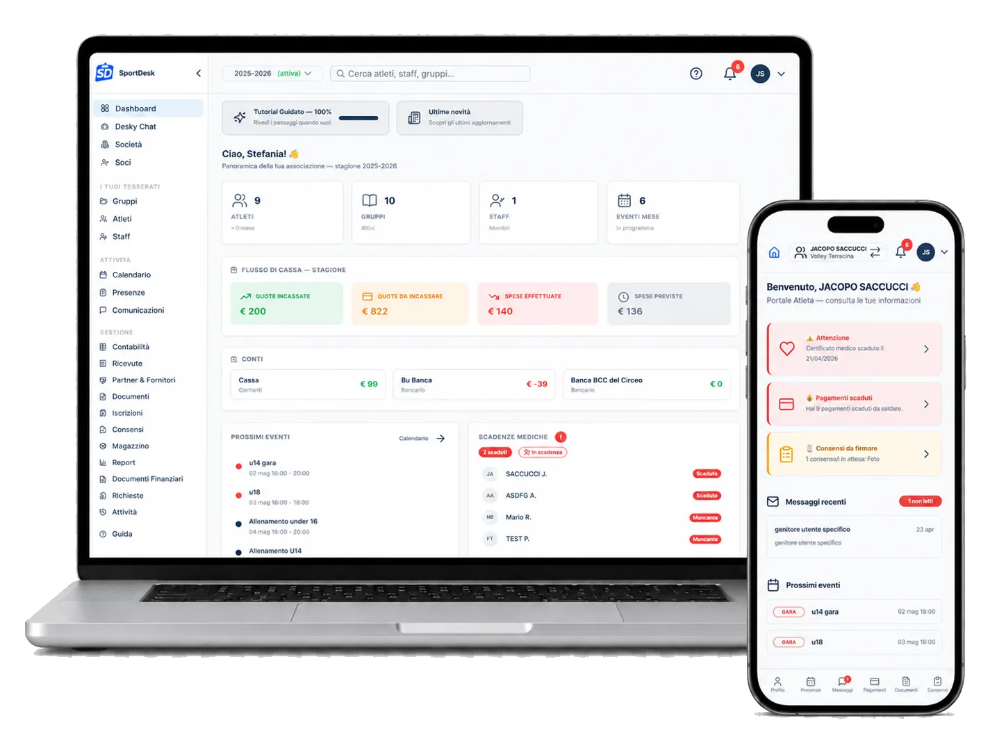 Dashboard di SportDesk con atleti, presenze e pagamenti